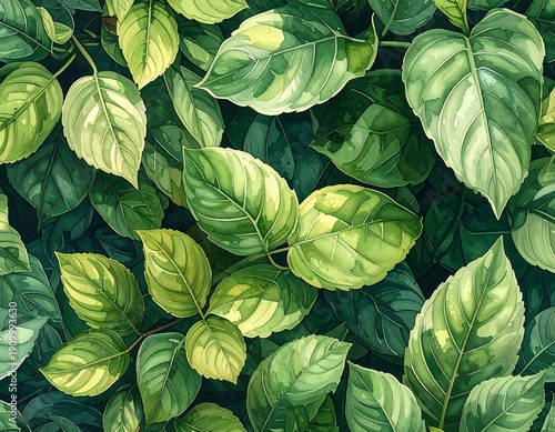 Lush, watercolor-style illustration of vibrant green foliage. Detailed leaves overlap creating depth