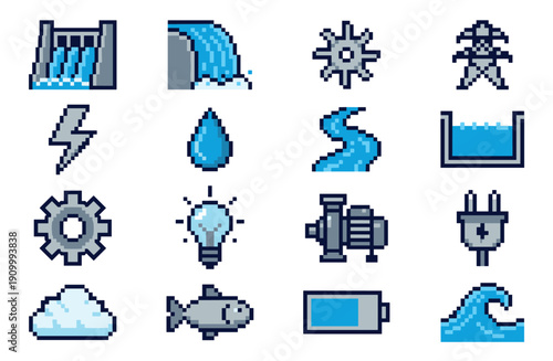 Sixteen pixel art icons showing hydroelectric energy elements like a dam, waterfall, turbine, and water pump, all designed in a classic 8-bit retro video game aesthetic