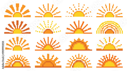Collection of yellow and orange pixel art sun icons with various ray designs in a retro 8-bit video game style, showing different sunrise and sunset symbols for graphic design