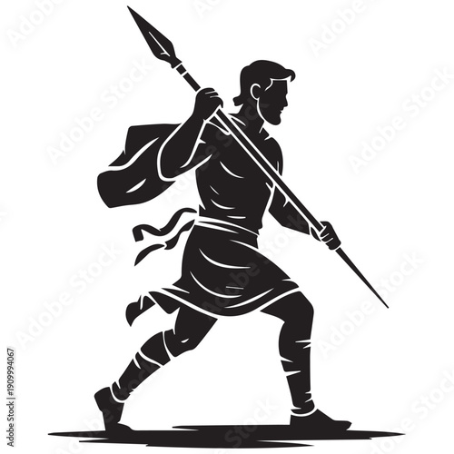 Ancient warrior running with spear and cape in dynamic pose