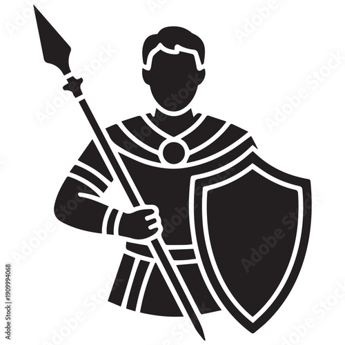Ancient warrior in armor holding shield and spear ready for battle
