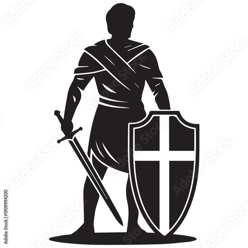 Medieval knight in armor holding sword and shield with cross
