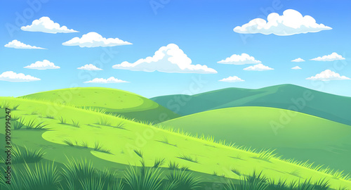 cartoon, landscape, land, grass, green, meadow, field, pasture, countryside, rural, outdoor, scenery, horizon, farmland, nature, environment, spring, summer, daylight, sunny, bright, cheerful, happy, 