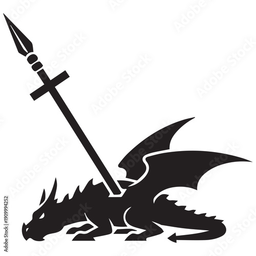 Mythical dragon defeated with sword in dramatic pose