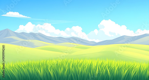 cartoon, landscape, land, grass, green, meadow, field, pasture, countryside, rural, outdoor, scenery, horizon, farmland, nature, environment, spring, summer, daylight, sunny, bright, cheerful, happy, 