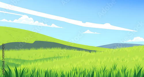 landscape, nature, grassland, meadow, field, green, pasture, lawn, countryside, rural, outdoor, scenery, horizon, plains, farmland, sky, bluesky, clouds, cloudscape, daylight, sunlight, sunny, bright,