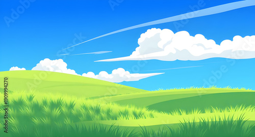 landscape, nature, grassland, meadow, field, green, pasture, lawn, countryside, rural, outdoor, scenery, horizon, plains, farmland, sky, bluesky, clouds, cloudscape, daylight, sunlight, sunny, bright,