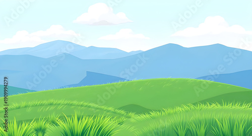 landscape, nature, grassland, meadow, field, green, pasture, lawn, countryside, rural, outdoor, scenery, horizon, plains, farmland, sky, bluesky, clouds, cloudscape, daylight, sunlight, sunny, bright,