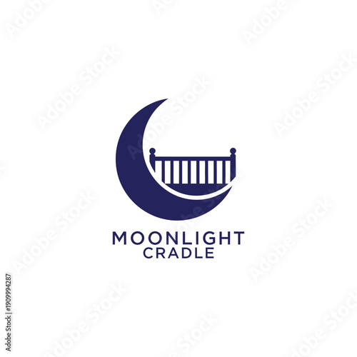 Crescent moon and baby crib icon for nursery or sleep therapy brand identity logo depicting sweet dreams for Moonlight Cradle brand identity