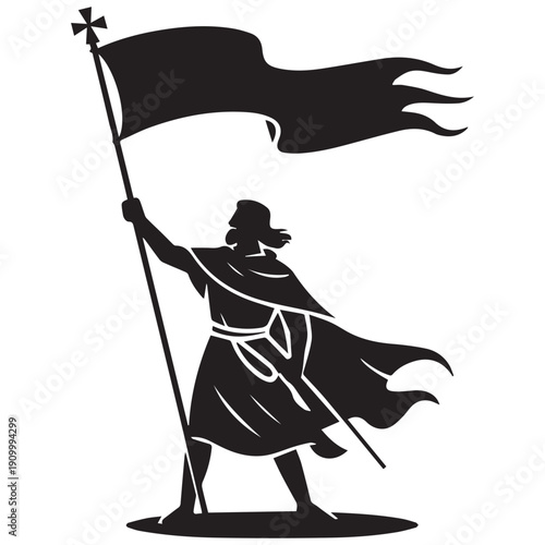 Victorious medieval knight holding flag in battle stance