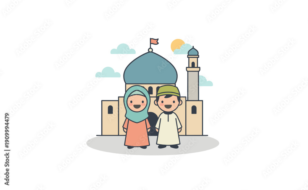 Naklejka premium Cartoon Muslim Family Standing Near Mosque.