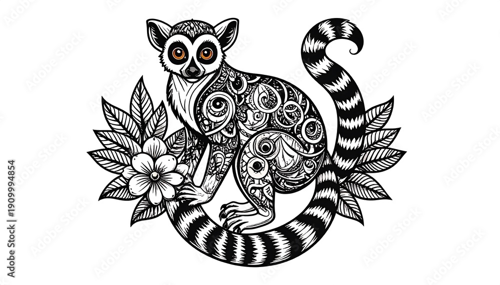 Fototapeta premium Intricate black and white illustration of a lemur with detailed patterns, perched on foliage