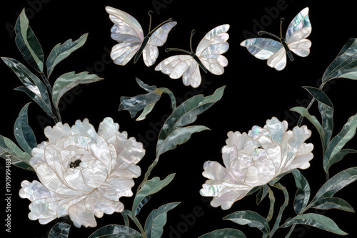 White flower mother of pearl butterfly leaf black background floral decorative elegant nature art White flower and butterfly design with mother of pearl inlay green leaves and black background