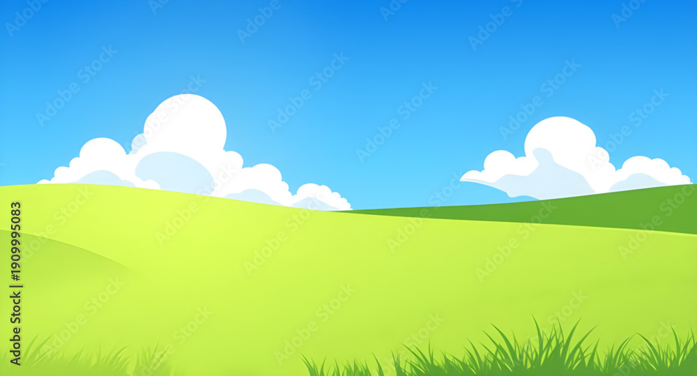 Obraz premium landscape, nature, grassland, meadow, field, green, pasture, plain, countryside, rural, outdoor, scenery, horizon, farmland, sky, bluesky, clouds, cloudscape, daylight, sunlight, sunny, bright, fresh,