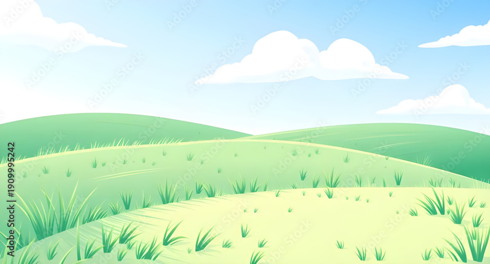 Obraz premium landscape, nature, grassland, meadow, field, green, pasture, plain, countryside, rural, outdoor, scenery, horizon, farmland, sky, bluesky, clouds, cloudscape, daylight, sunlight, sunny, bright, fresh,