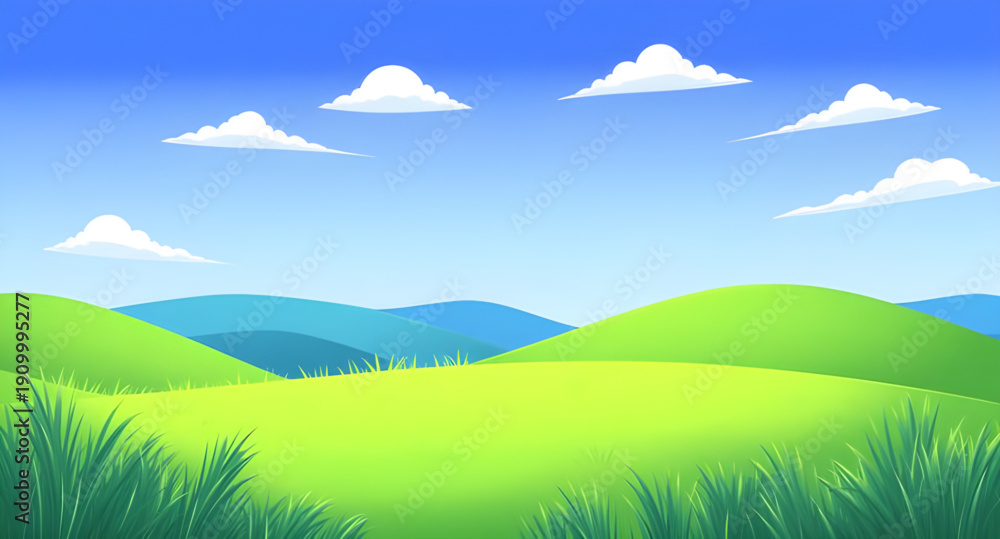 Obraz premium meadow, grass, green, field, pasture, lawn, nature, landscape, scenery, countryside, rural, outdoor, horizon, farmland, sky, blue, clouds, cloudscape, daylight, sunshine, sunny, bright, fresh, calm, p