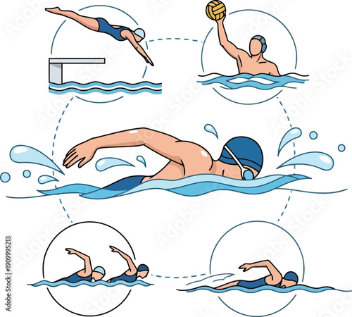 Diverse swimming activities collection diverse athletic water sports illustrated collection diverse aquatic fitness actions vector
