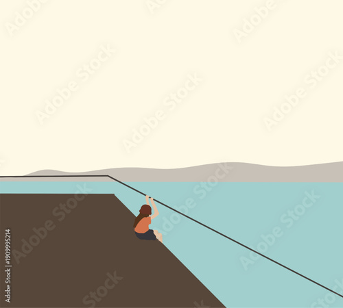 Girl sitting on viewpoint enjoying beautiful sea view during holiday vacation. Lonely concept.