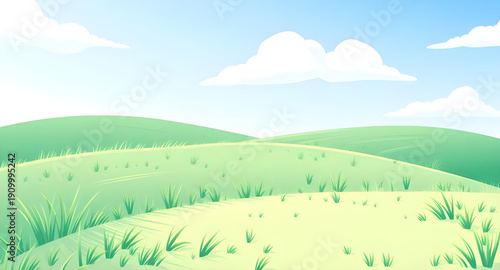 landscape, nature, grassland, meadow, field, green, pasture, plain, countryside, rural, outdoor, scenery, horizon, farmland, sky, bluesky, clouds, cloudscape, daylight, sunlight, sunny, bright, fresh,