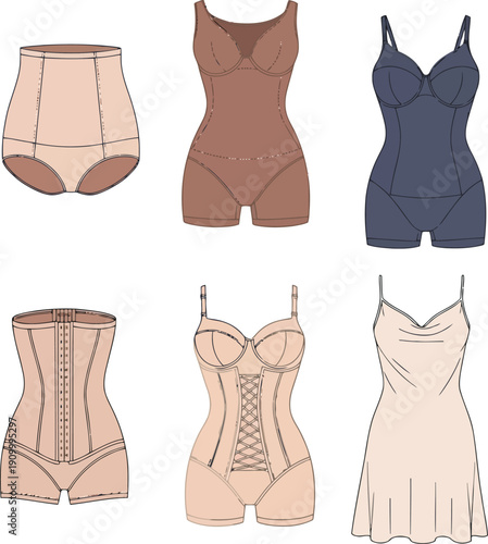 Vintage shapewear collection six styles women's undergarments fashion illustration line art fashionable retro clothing vector