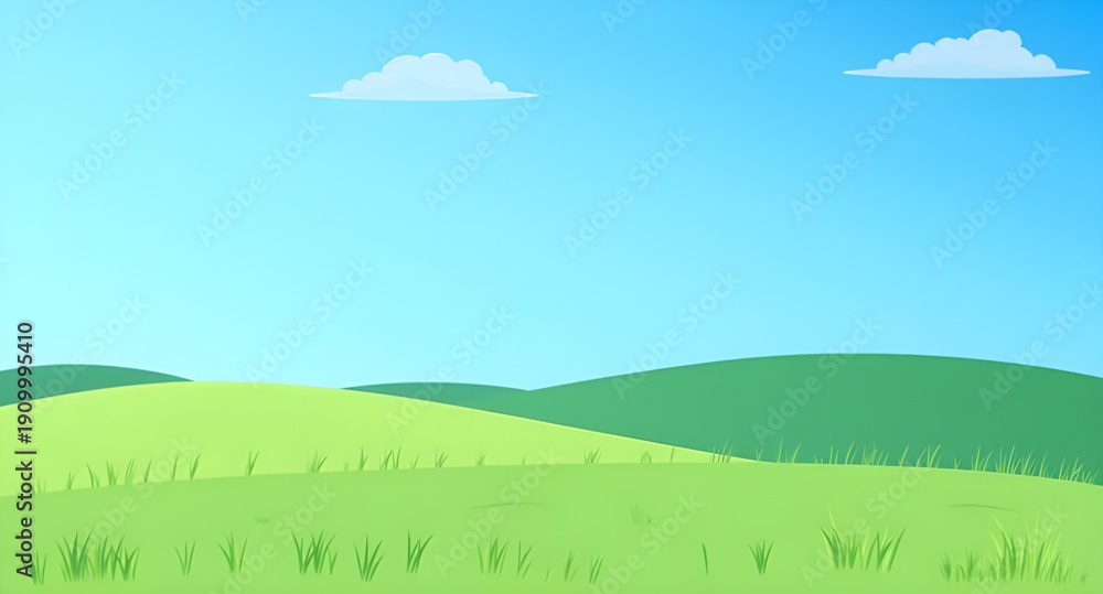 Obraz premium landscape, nature, grass, green, meadow, field, pasture, plain, countryside, rural, outdoor, scenery, horizon, farmland, sky, blue, clouds, cloudscape, daylight, sunshine, sunny, bright, fresh, calm, 
