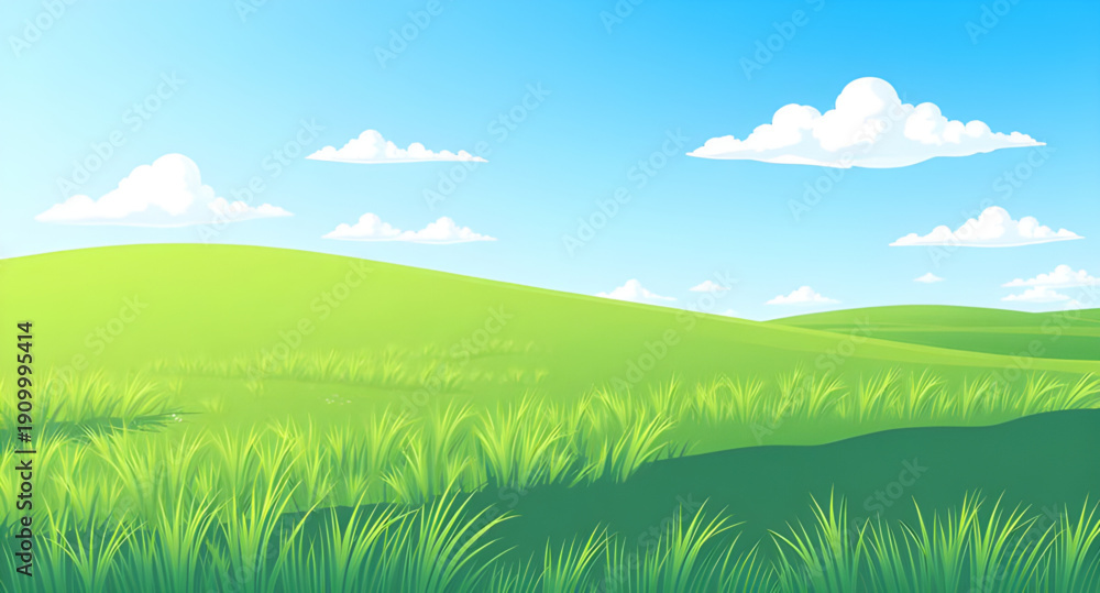 Fototapeta premium grassland, field, meadow, greenfield, pasture, lawn, nature, landscape, scenery, countryside, rural, outdoor, horizon, farmland, sky, bluesky, clouds, cloudscape, daylight, sunlight, sunny, bright, fr