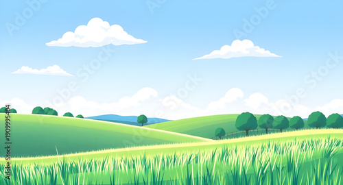 landscape, nature, grass, green, meadow, field, pasture, plain, countryside, rural, outdoor, scenery, horizon, farmland, sky, blue, clouds, cloudscape, daylight, sunshine, sunny, bright, fresh, calm, 