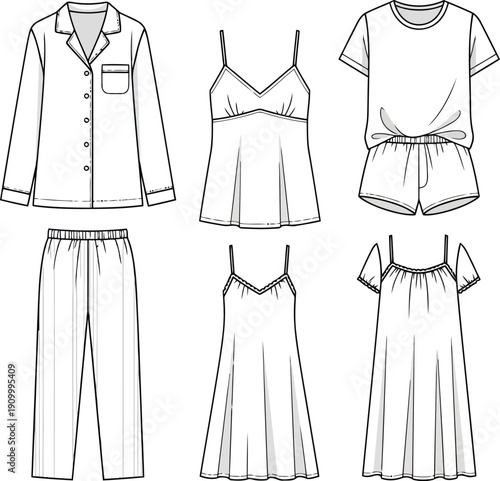 Pajama set fashion line art illustration cozy sleepwear collection apparel design vector