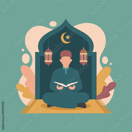 Man Reading Quran in Islamic Archway.