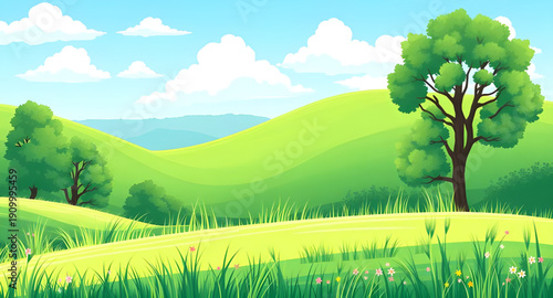 landscape, nature, grassland, meadow, field, green, pasture, lawn, countryside, rural, outdoor, scenery, horizon, plains, farmland, sky, bluesky, clouds, cloudscape, daylight, sunlight, sunny, bright,