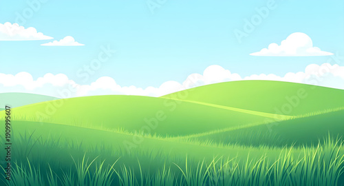 cartoon, grassland, greenfield, meadow, field, pasture, lawn, countryside, rural, outdoor, scenery, horizon, farmland, nature, springtime, summertime, daytime, sunny, bright, cheerful, happy, playful,
