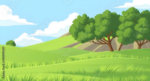 cartoon, grassland, greenfield, meadow, field, pasture, lawn, countryside, rural, outdoor, scenery, horizon, farmland, nature, springtime, summertime, daytime, sunny, bright, cheerful, happy, playful,