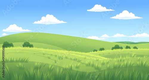 cartoon, landscape, land, grass, green, meadow, field, pasture, countryside, rural, outdoor, scenery, horizon, farmland, nature, environment, spring, summer, daytime, sunny, bright, cheerful, happy, p