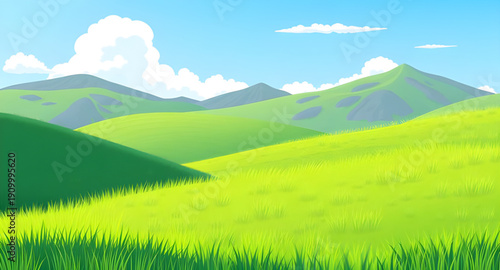 cartoon, landscape, land, grass, green, meadow, field, pasture, countryside, rural, outdoor, scenery, horizon, farmland, nature, environment, spring, summer, daytime, sunny, bright, cheerful, happy, p