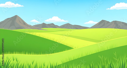 cartoon, landscape, land, grass, green, meadow, field, pasture, countryside, rural, outdoor, scenery, horizon, farmland, nature, environment, spring, summer, daytime, sunny, bright, cheerful, happy, p