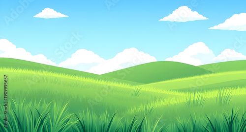 cartoon, landscape, land, grass, green, meadow, field, pasture, countryside, rural, outdoor, scenery, horizon, farmland, nature, environment, spring, summer, daylight, sunny, bright, cheerful, happy, 