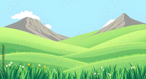 cartoon, landscape, land, grass, green, meadow, field, pasture, countryside, rural, outdoor, scenery, horizon, farmland, nature, environment, spring, summer, daylight, sunny, bright, cheerful, happy, 