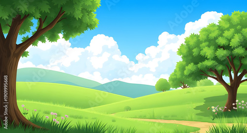 cartoon, landscape, land, grass, green, meadow, field, pasture, countryside, rural, outdoor, scenery, horizon, farmland, nature, environment, spring, summer, daylight, sunny, bright, cheerful, happy, 