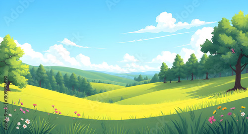 cartoon, greenland, grassland, meadow, field, pasture, lawn, countryside, rural, outdoor, scenery, horizon, farmland, nature, springtime, summertime, daylight, sunny, bright, cheerful, happy, playful,