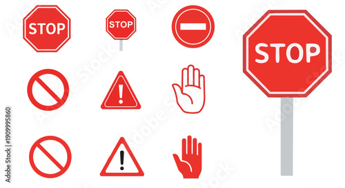 Stop sign and prohibition symbol icon set – traffic safety warning vectors