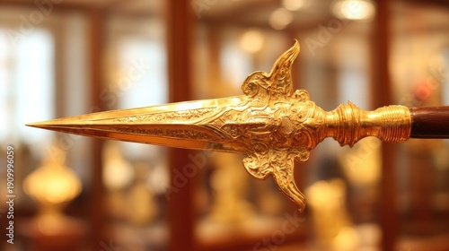 glaive. A ceremonial gilded glaive with carved shaft displayed in a museum. event programs, museum guides, designed for cultural heritage projects and event programs, preserves heritage.