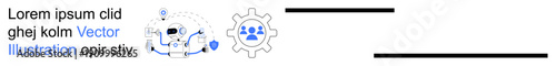 Teamwork, digital transformation, process optimization, data management, analytics, business workflow. Gear and user avatars connected digitally. Teamwork and digital transformation concept