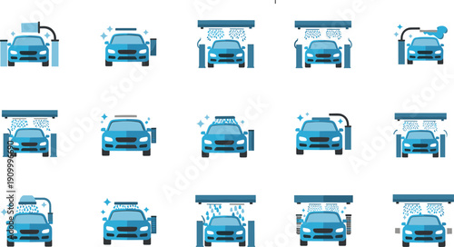Car wash service flat line icon set with automatic cleaning, water spray, vehicle maintenance and automotive care vector illustration