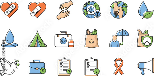Charity and humanitarian aid flat line icon set with donation, healthcare support, peace, volunteering and global relief vector illustration
