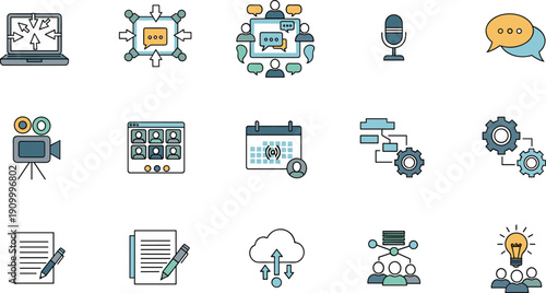 Content marketing and communication flat line icon set with video production, social media, collaboration and workflow management vector illustration