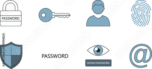 Cyber security and password protection icon set with biometric fingerprint, secure login, encryption shield, authentication key, privacy user, and data safety vector illustration