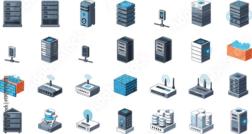 Data center and server infrastructure isometric icon set with hosting, cloud storage, network hardware and database technology vector illustration