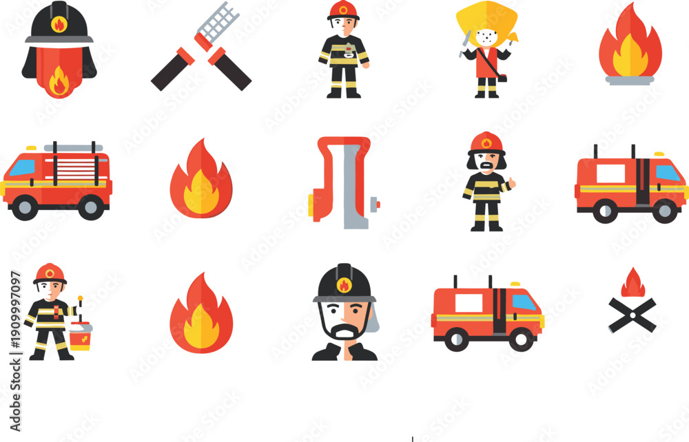 Naklejka premium Firefighter and fire emergency flat line icon set with fire truck, rescue team, flame hazard and firefighting equipment vector illustration