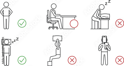 Ergonomic posture and sleep position line icon set with correct sitting, desk alignment and healthy rest habits vector illustration
