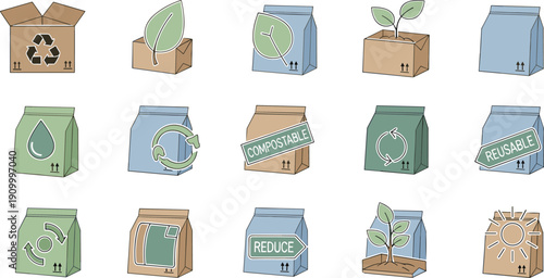 Eco packaging and sustainable product flat line icon set with recyclable boxes, biodegradable materials and green branding vector illustration